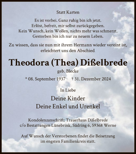 Traueranzeige von Theodora Dißelbrede von WA