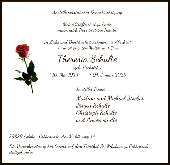 Traueranzeige von Theresia Schulte von WA