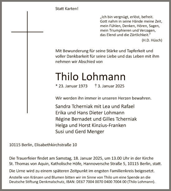 Traueranzeige von Thilo Lohmann von WA