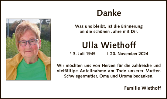 Traueranzeige von Ulla Wiethoff von WA