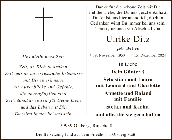 Traueranzeige von Ulrike Ditz von WA