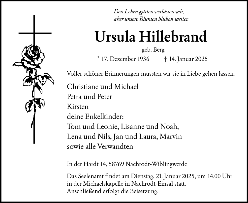  Traueranzeige für Ursula Hillebrand vom 18.01.2025 aus WA