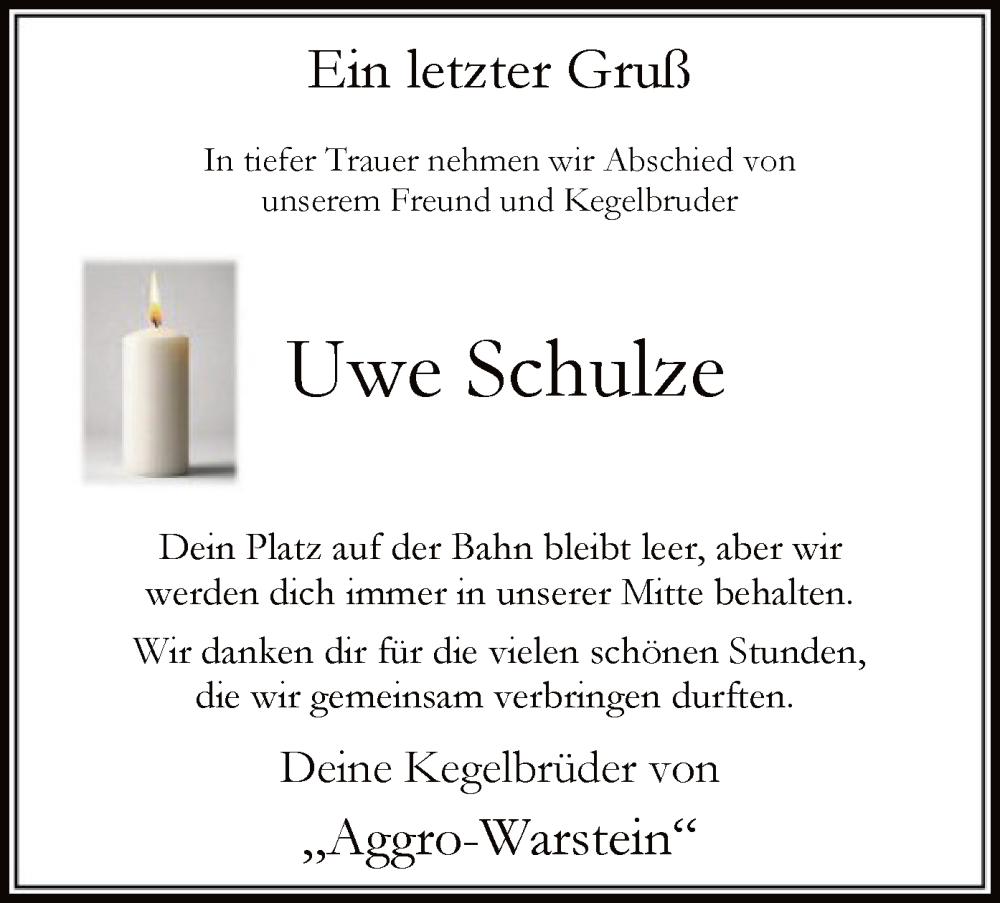  Traueranzeige für Uwe Schulze vom 25.01.2025 aus WA