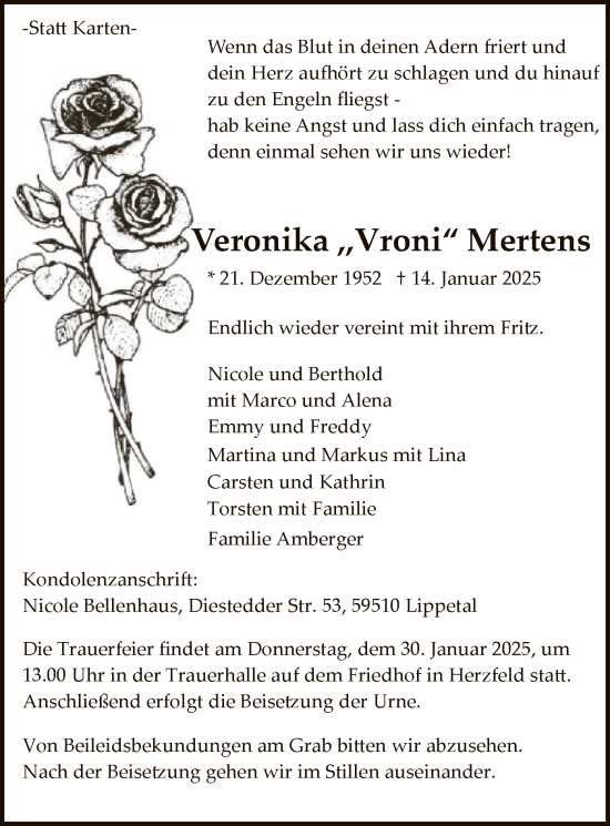 Traueranzeige von Veronika Mertens von WA