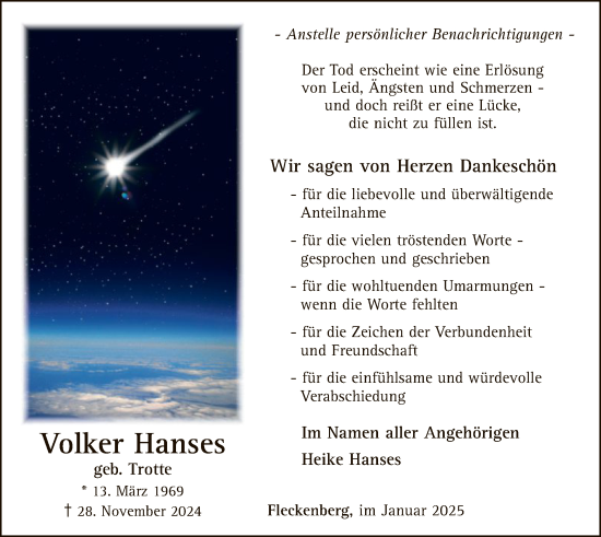 Traueranzeige von Volker Hanses von WA