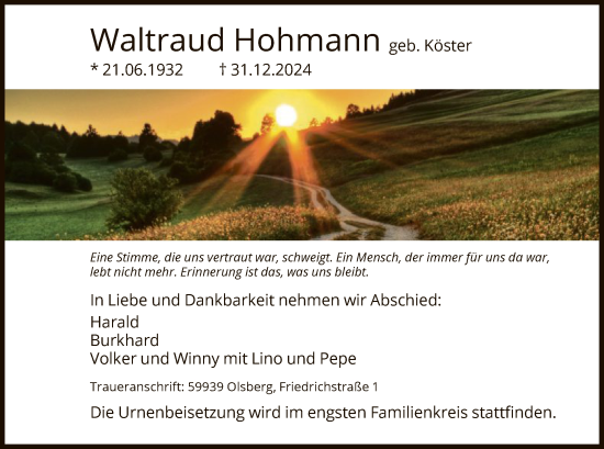Traueranzeige von Waltraud Hohmann von WA