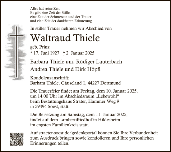 Traueranzeige von Waltraud Thiele von WA
