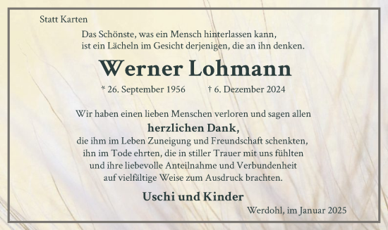 Traueranzeige von Werner Lohmann von WA