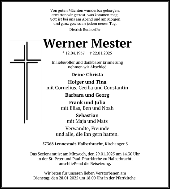 Traueranzeige von Werner Mester von WA