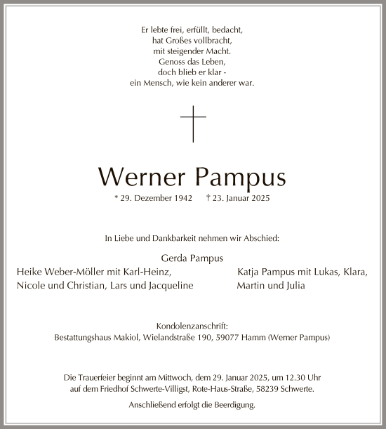 Traueranzeige von Werner Pampus von WA