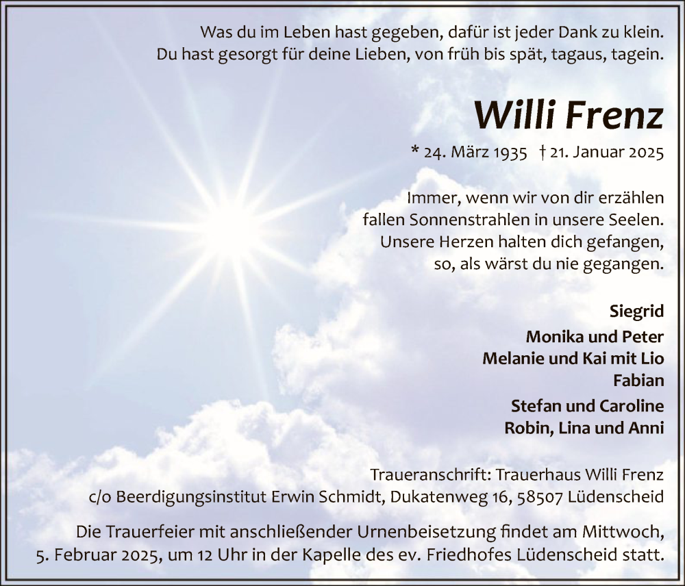  Traueranzeige für Willi Frenz vom 25.01.2025 aus WA