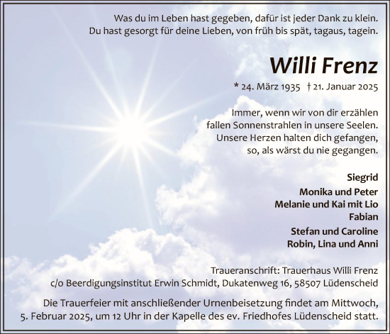 Traueranzeige von Willi Frenz von WA