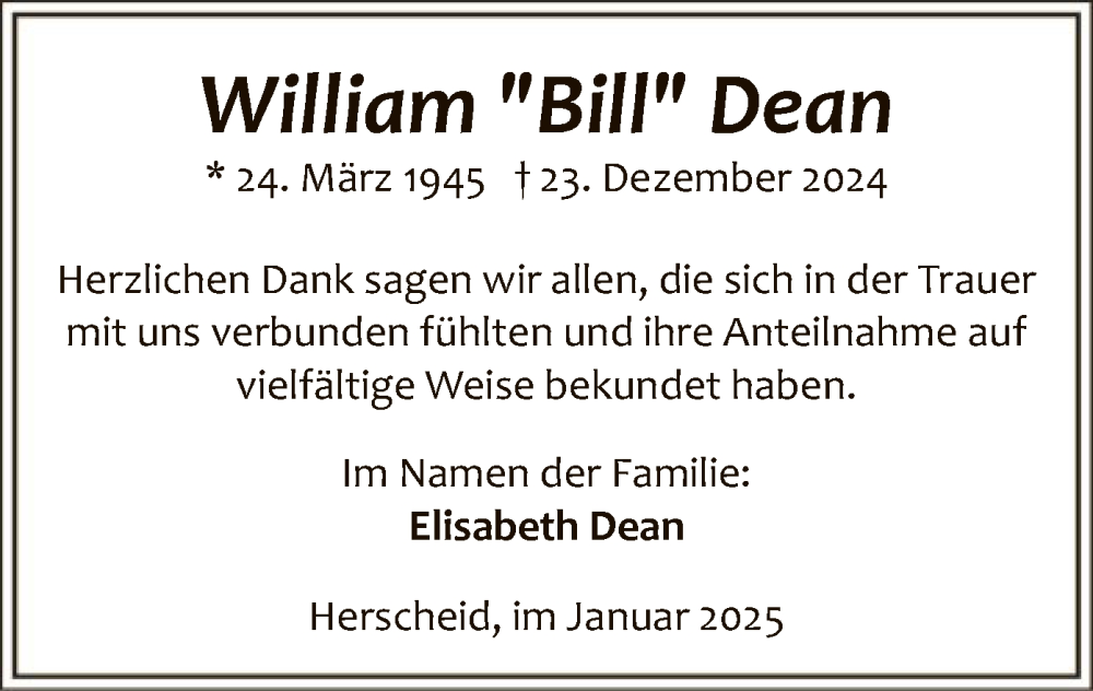  Traueranzeige für William Dean vom 25.01.2025 aus WA