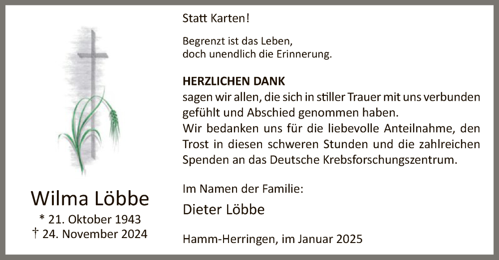  Traueranzeige für Wilma Löbbe vom 11.01.2025 aus WA