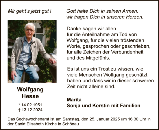 Traueranzeige von Wolfgang Hesse von WA