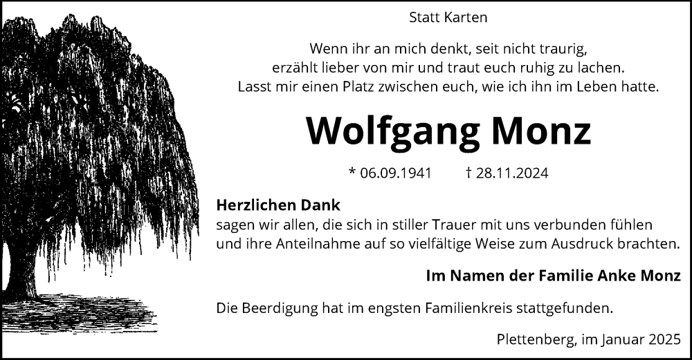  Traueranzeige für Wolfgang Monz vom 11.01.2025 aus WA
