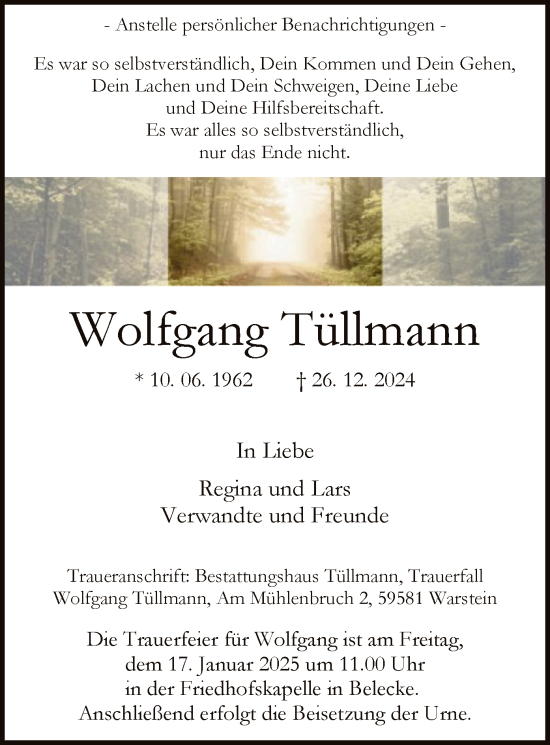 Traueranzeige von Wolfgang Tüllmann von WA