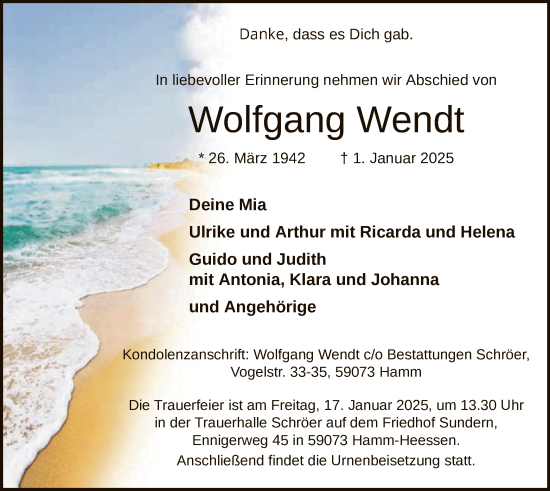 Traueranzeige von Wolfgang Wendt von WA