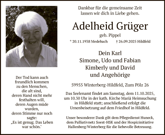 Traueranzeige von Adelheid Grüger von HASK