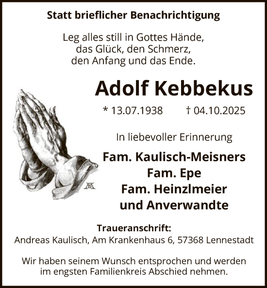 Traueranzeige von Adolf Kebbekus von HASK