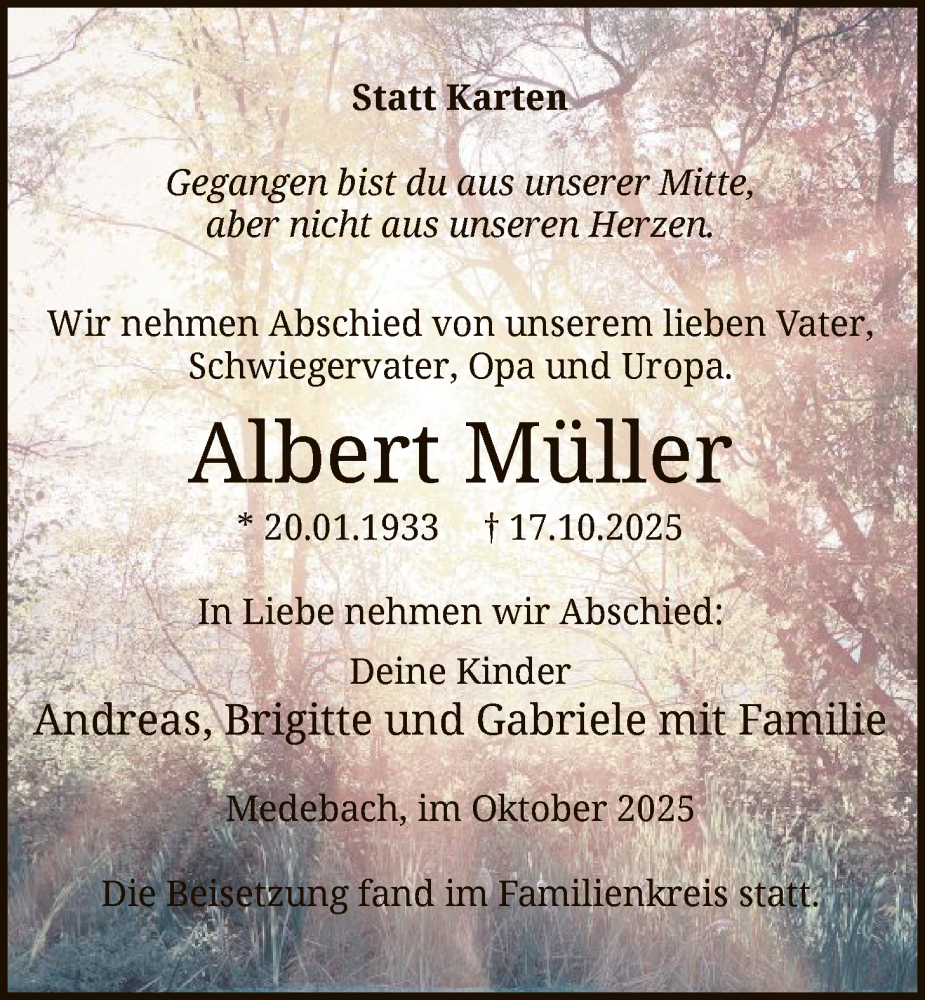 Traueranzeige für Albert Müller vom 25.10.2025 aus HASK