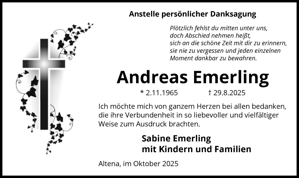  Traueranzeige für Andreas Emerling vom 11.10.2025 aus HASK