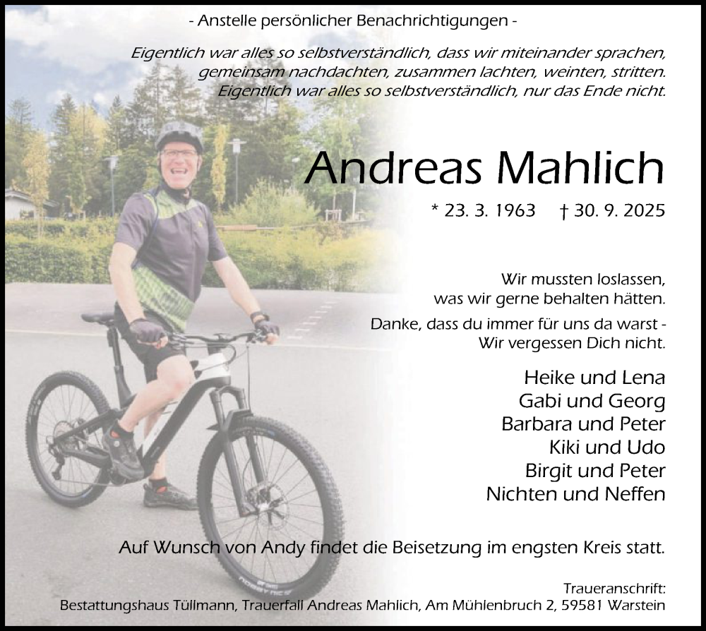 Traueranzeige für Andreas Mahlich vom 11.10.2025 aus HASO