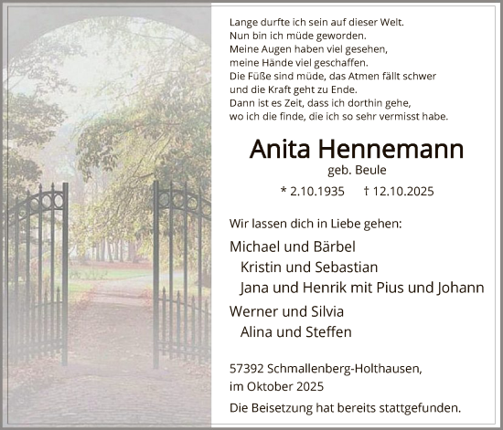 Traueranzeige von Anita Hennemann von HASK