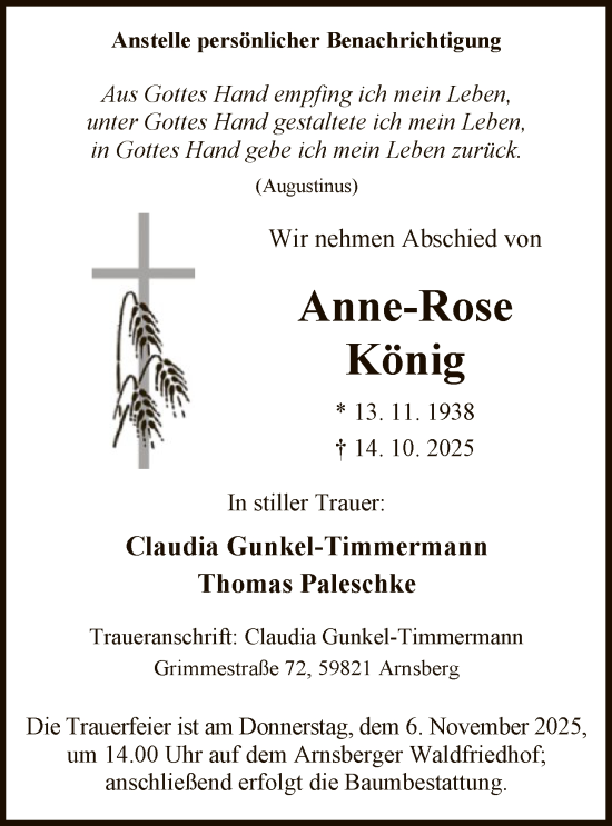 Traueranzeige von Anne-Rose König von HASK
