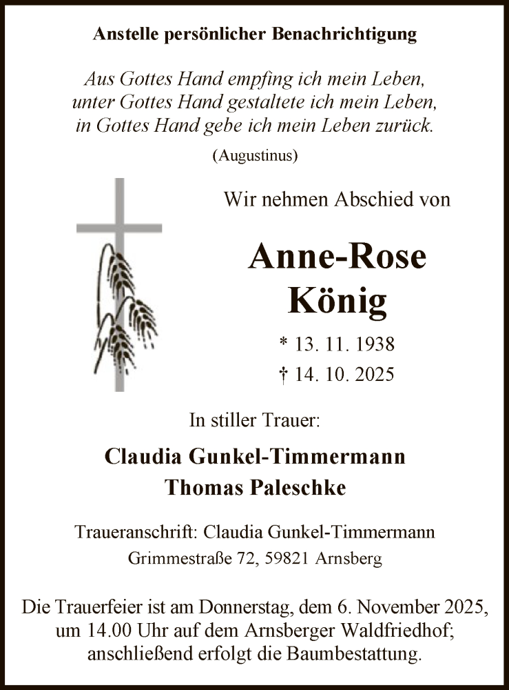 Traueranzeige für Anne-Rose König vom 25.10.2025 aus HASK