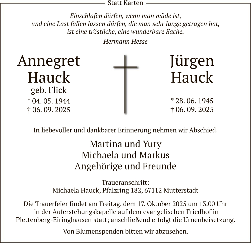  Traueranzeige für Annegret Hauck vom 04.10.2025 aus HALN