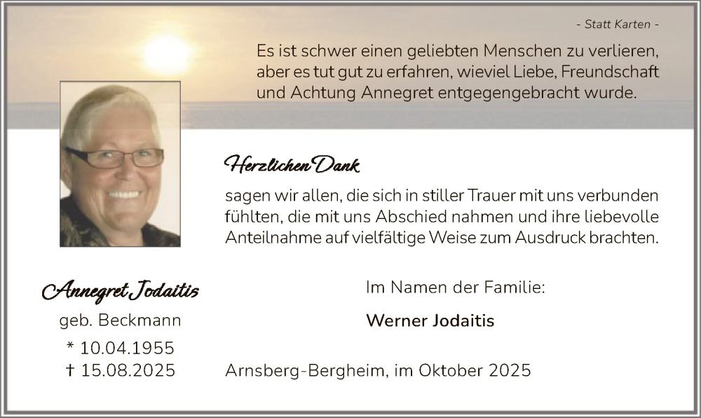  Traueranzeige für Annegret Jodaitis vom 04.10.2025 aus HASK