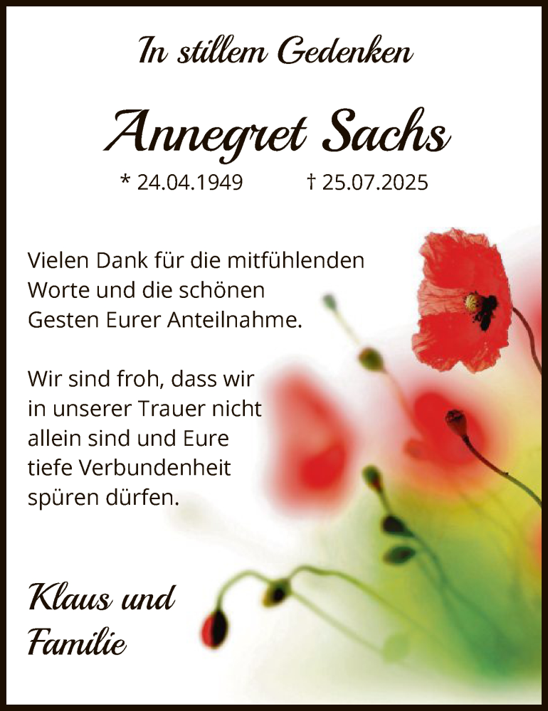  Traueranzeige für Annegret Sachs vom 18.10.2025 aus HALN