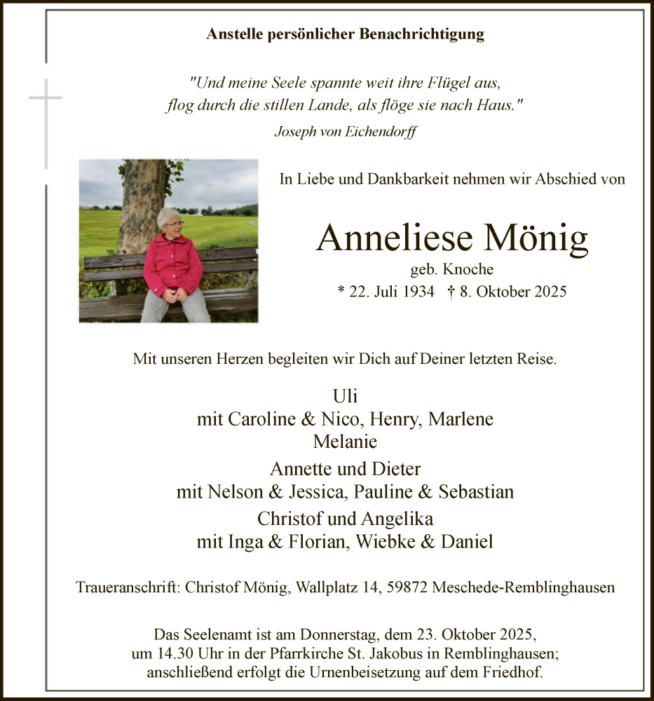  Traueranzeige für Anneliese Mönig vom 18.10.2025 aus HASK