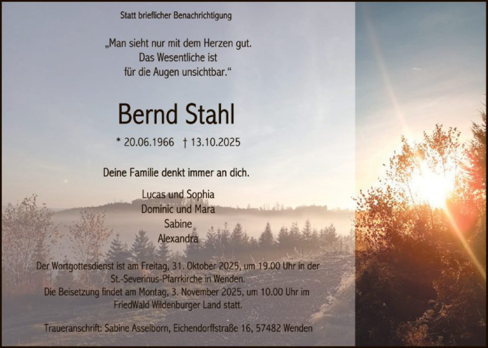  Traueranzeige für Bernd Stahl vom 25.10.2025 aus HASK