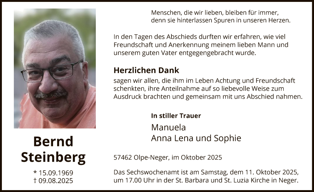  Traueranzeige für Bernd Steinberg vom 04.10.2025 aus HASK