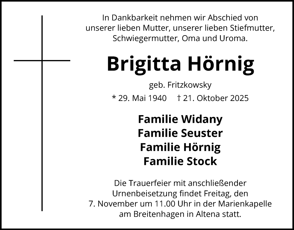  Traueranzeige für Brigitta Hörnig vom 25.10.2025 aus HALN