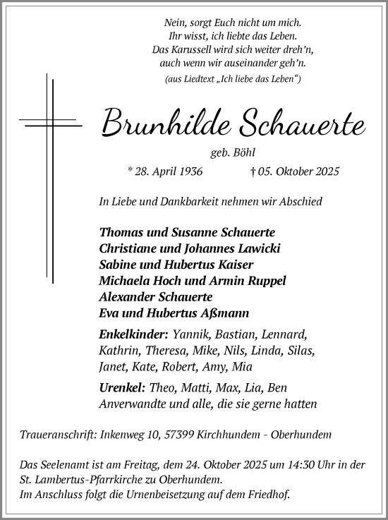 Traueranzeige von Brunhilde Schauerte von HASK