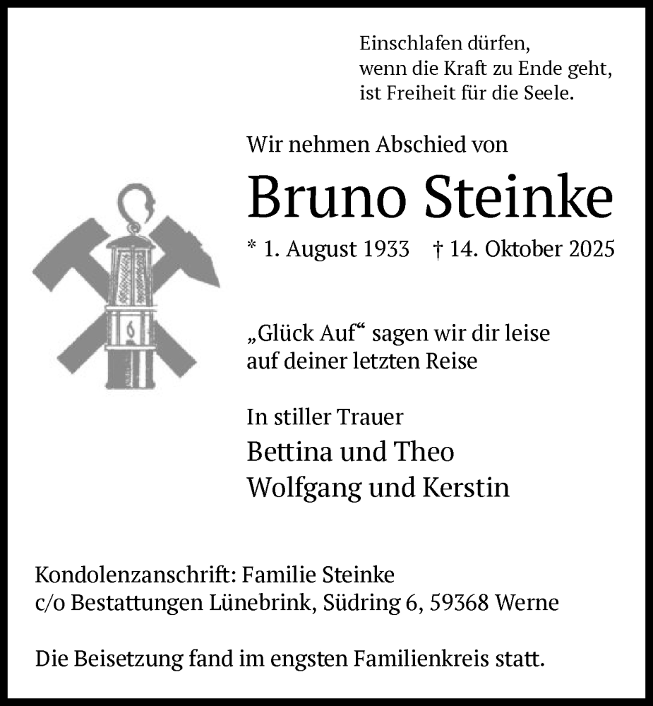  Traueranzeige für Bruno Steinke vom 25.10.2025 aus HAWA