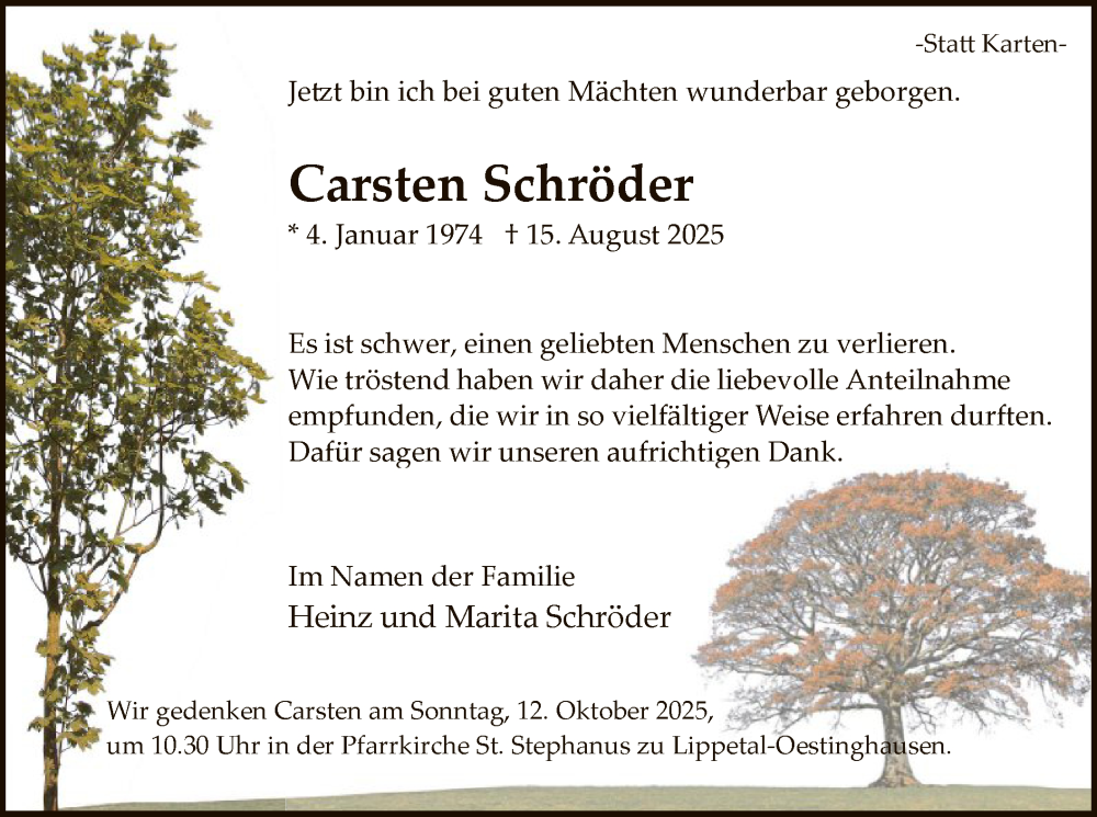  Traueranzeige für Carsten Schröder vom 04.10.2025 aus HASO