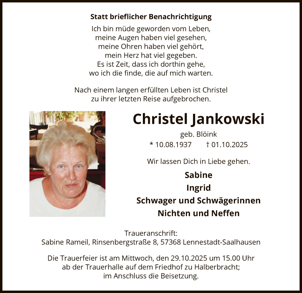  Traueranzeige für Christel Jankowski vom 11.10.2025 aus HASK