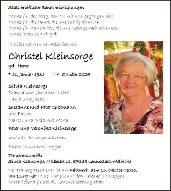 Traueranzeige von Christel Kleinsorge von HASK
