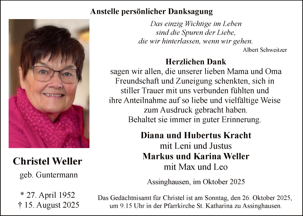  Traueranzeige für Christel Weller vom 18.10.2025 aus HASK