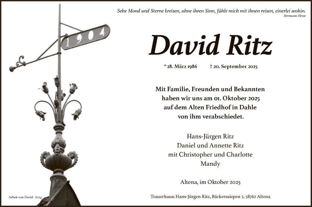  Traueranzeige für David Ritz vom 04.10.2025 aus HALN