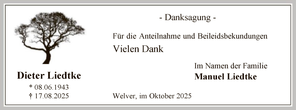  Traueranzeige für Dieter Liedtke vom 04.10.2025 aus HASO