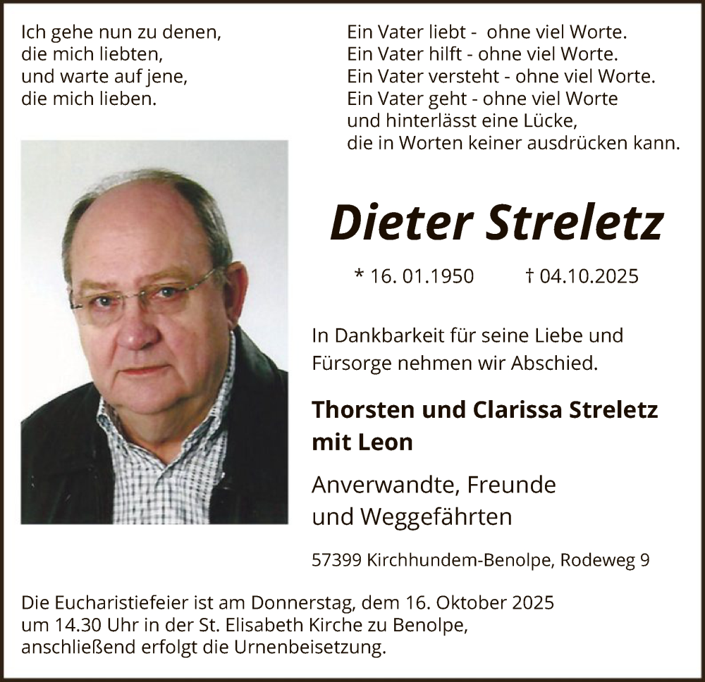  Traueranzeige für Dieter Streletz vom 11.10.2025 aus HASK