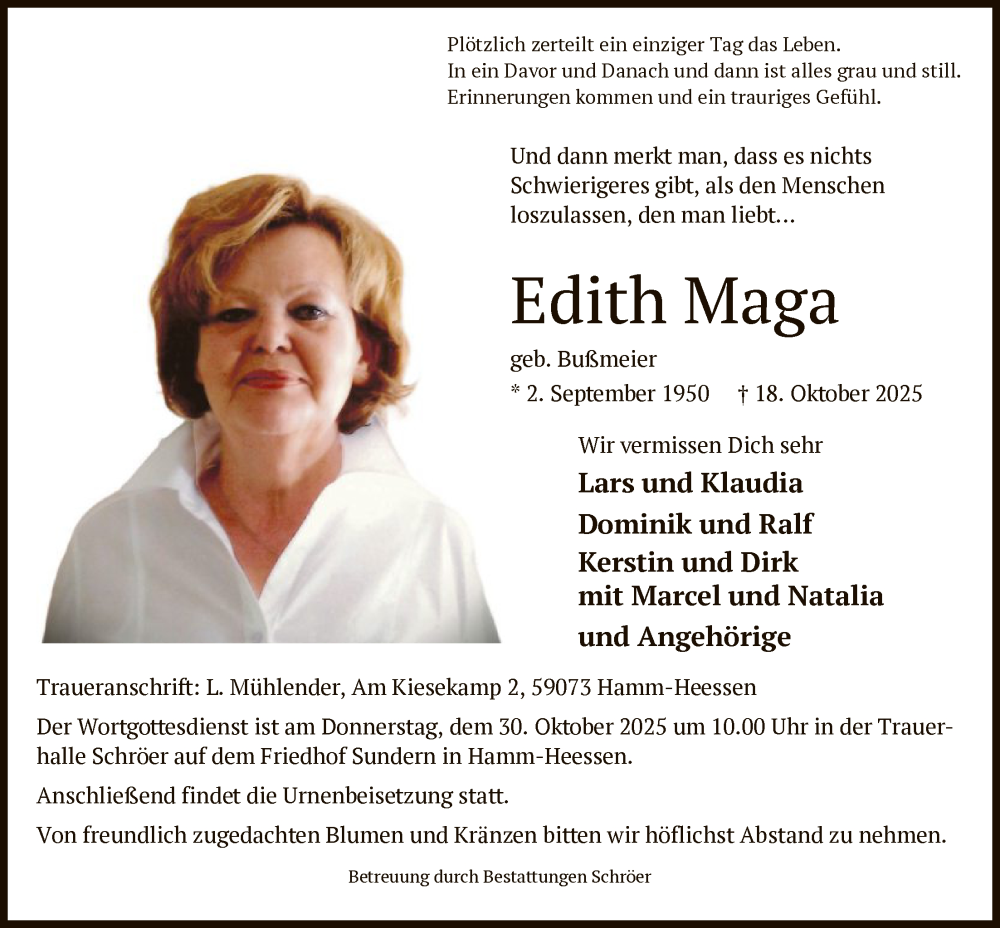  Traueranzeige für Edith Maga vom 25.10.2025 aus HAWA