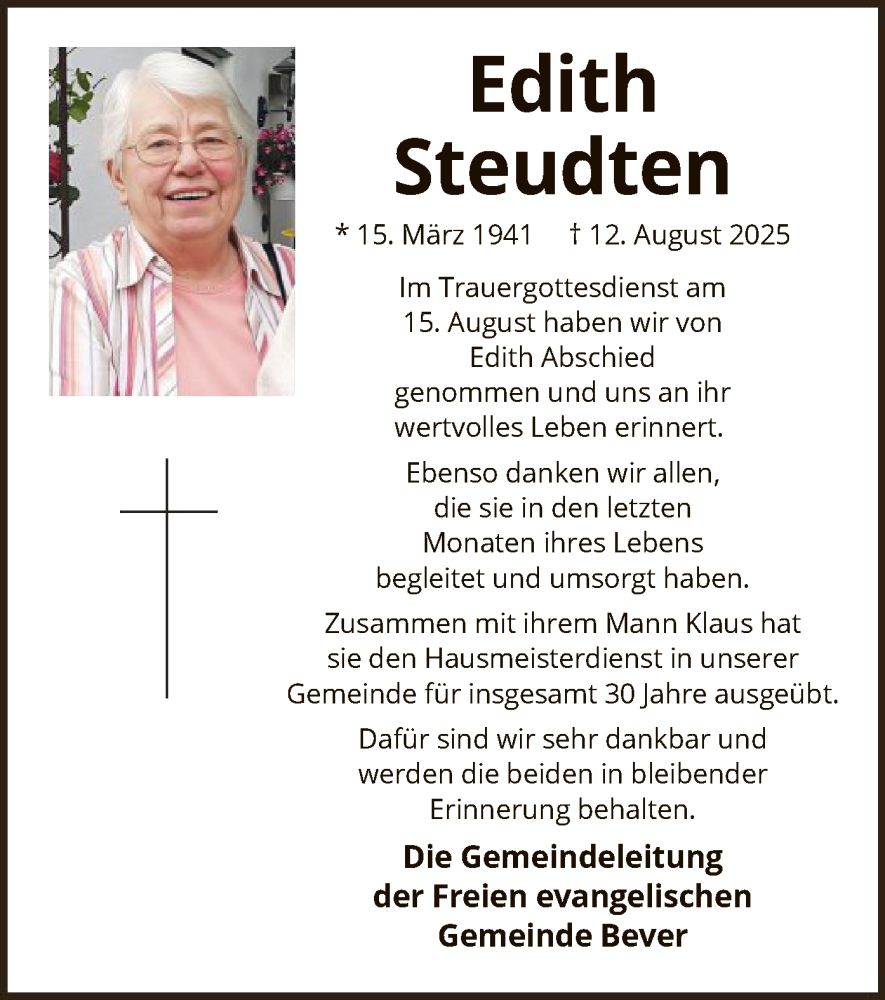  Traueranzeige für Edith Steudten vom 04.10.2025 aus HALN