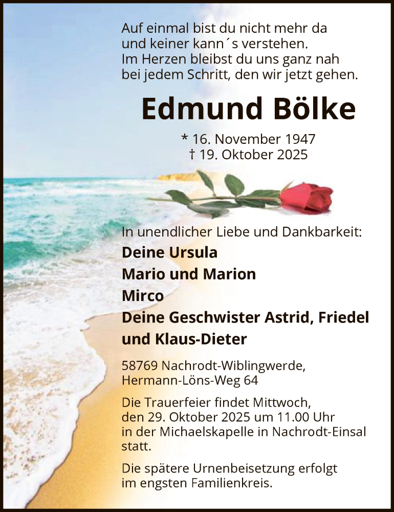  Traueranzeige für Edmund Bölke vom 24.10.2025 aus HALN