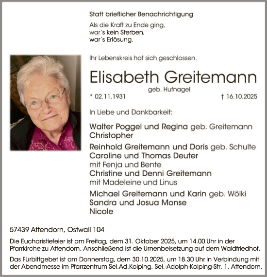 Traueranzeige von Elisabeth Greitemann von HASK